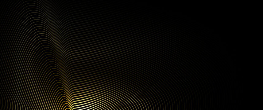 Vector abstract art with gold, yellow wave line or curve line pattern, smooth light shiny, texture on dark, black color background.Illustration luxury, modern graphic design golden metal for wallpaper
