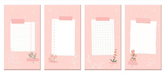Social Media Stories Layout Set. Different sheets of paper taped with decorative duct tape to the wall. Vector illustration, flat style on a pink background.