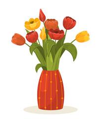 Vector illustration of a bouquet of beautiful tulips in a vase. The theme of spring and holiday greetings. Beautiful card.