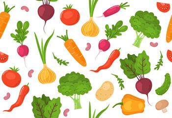 Seamless pattern with different vegetables. Colored hand-drawn elements  are isolated on a white background. For the design of kitchen accessories and food packaging or print