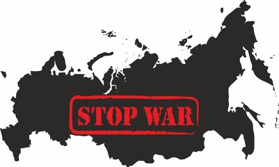 stop war in red on the map of Russia in black