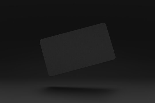 Realistic Rounded Corners Floating Black Business Branding Card Mockup With Shadows For Graphic Design Template. Blank Credit Card Mockup Over A Dark Background. 3D Rendering