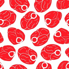 Simple vector seamless pattern. Steaks of red raw meat on a white background. For prints of packaging paper, textile products. Butcher shop, food.