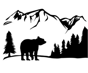 Plakat Silhouette-Mountain and Bear-Black White