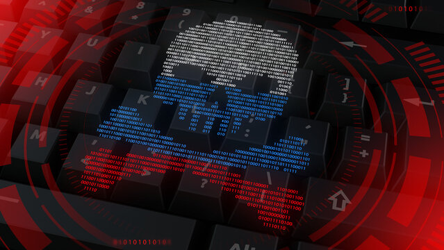 Russian Hackers In The Crosshairs Of Western Intelligence Agencies. Cyberwarfare By Russia. Skull In The Color Of The Russian Flag On The Background Of The Keyboard.