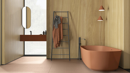 Modern minimalist bathroom with wooden walls in orange tones, freestanding bathtub, washbasin with mirror and accessories, ceramic tiles floor, windows, pendant lamps, interior design