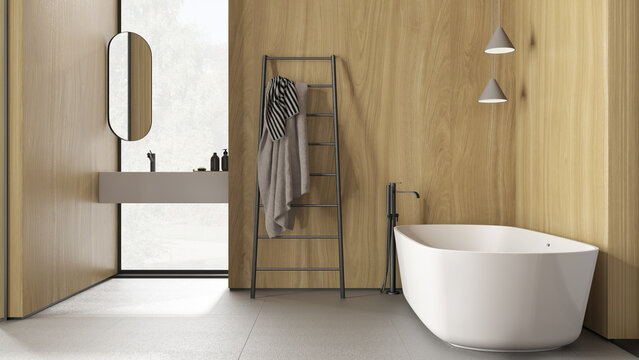 Modern minimalist bathroom with wooden walls, freestanding bathtub, washbasin with mirror and accessories, ceramic tiles floor, windows, pendant lamps, interior design concept idea