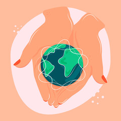 Happy earth day. Hands holding globe, earth. Earth day concept. Modern flat style illustration.
