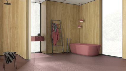 Contemporary minimalist bathroom with wooden walls in red tones, freestanding bathtub, washbasin, mirror, accessories, ceramic tiles, pendant lamps, windows, interior design concept
