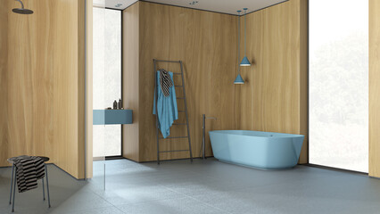 Contemporary minimalist bathroom with wooden walls in blue tones, freestanding bathtub, washbasin, mirror, accessories, ceramic tiles, pendant lamps, windows, interior design concept