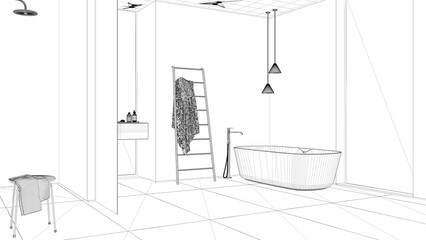 Blueprint project draft, contemporary minimalist bathroom with wooden walls, bathtub, washbasin, mirror, accessories, ceramic tiles, pendant lamps, windows, interior design concept