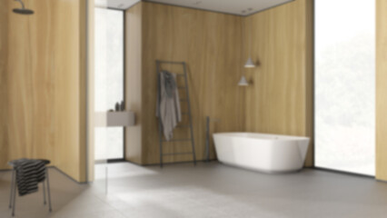 Fototapeta na wymiar Blur background, contemporary minimalist bathroom with wooden walls, bathtub, washbasin, mirror, accessories, ceramic tiles, pendant lamps, windows, interior design concept