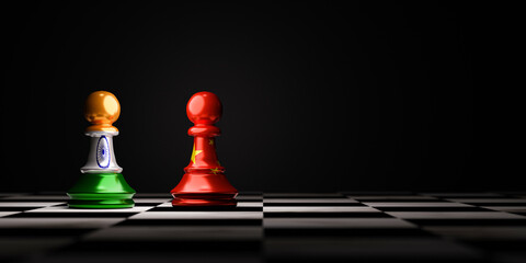 India and China flag print screen on pawn chess for business economy , alliance trading and...