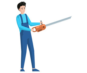 Man stands with chainsaw in hands. Guy holds tool to cut trees. Instrument, equipment for working in garden. Male character starting chainsaw, holding electric saw isolated on white background