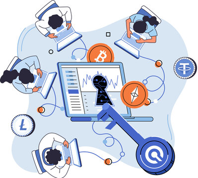 Cryptocurrency marketplace design with men crypto traders work with laptop. Cryptocurrency investing platform. Bitcoin stock exchange vector online wallet and payments, digital money transactions