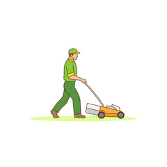 Gardener or grass cutter worker cutting grass with lawn mower simple vector illustration.