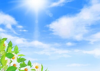 Fototapeta na wymiar 太陽の光が差し込む雲のある青空に新緑の美しい花と葉っぱの初夏フレーム背景素材