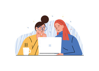 Girls are sitting at the table and looking at the laptop screen