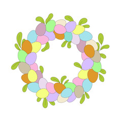 Easter wreath with easter eggs and leaves in doodle style.
