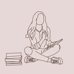 a line art design of a woman sitting casually holding a book