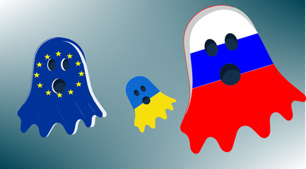An illustration of a frightened Ukraine fleeing from Russia to the European Union. War and tensions