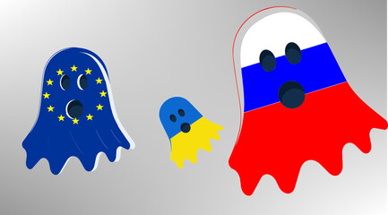 An illustration of a frightened Ukraine fleeing from Russia to the European Union. War and tensions