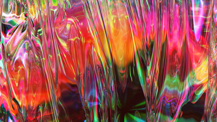 Folds on the surface of a transparent iridescent fabric. Pink yellow color. Texture. Close-up. 3d illustration
