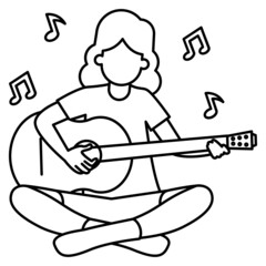 Fototapeta na wymiar female guitarist Vector Icon Design, Free time activities Symbol, Extracurricular activity Sign, hobbies interests Stock Illustration, Attractive Young Girl Is Playing Guitar with Music Notes Concept