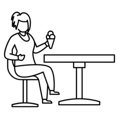 Cafeteria Chair and table Vector Icon Design, Free time activities Symbol, Extracurricular activity Sign, hobbies interests Stock illustration, Lady sitting eating ice cream in a waffle cone Concept
