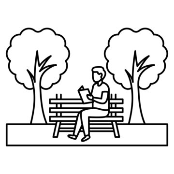 Boy sitting on desk in Park Vector Icon Design, Free time activities Symbol, Extracurricular activity Sign, hobbies interests Stock Illustration, man reading book under shade tree Concept