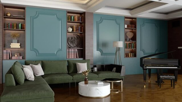 Luxury Living Room Interior With Grand Piano, Green Corner Sofa And Bookshelf