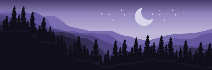 night at mountain with tree silhouette flat design vector illustration good for wallpaper, background, banner, backdrop, web, tourism, and design template