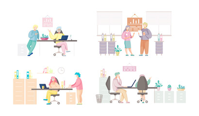 Business people man and woman talking. Colleagues discussing work, chatting communicating sitting at office desk. Businesspeople have project strategy planning meeting. Teamwork with business plan