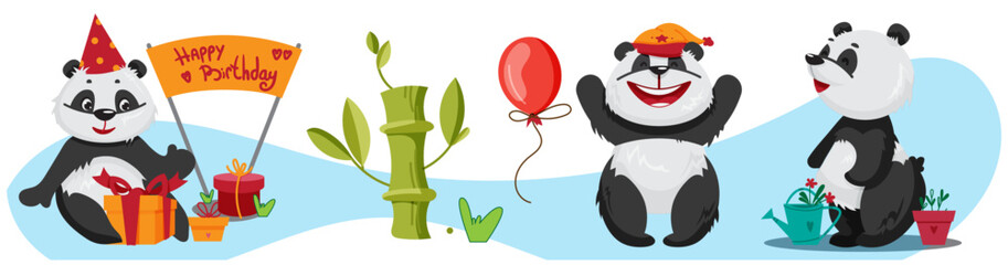 A set of panda character images in a cute cartoon style. Vector illustration.