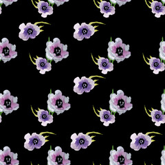 Fototapeta na wymiar purple mallows on a black background seamless pattern for fabric trendy lilac 2022 very peri