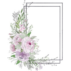 Watercolor violet flowers and green leaves Geometrical Rectangle Frame. Pink Floral Polygonal Border. Gentle Pink and Violet Roses Arrangement. Hand painted linear illustration isolated on white