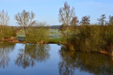 Fototapeta na wymiar Landschaft in Winter am Fluss Alte Leine im Dorf Ahlden an der Aller, Niedersachsen