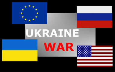 Fototapeta na wymiar flags of russia, ukraine, usa and european union. war and conflict between Russia and Ukraine