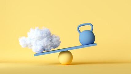 3d render. Paradox of cloud and heavy weight placed on scales, isolated on yellow background. Abstract balance or comparison concept. Business metaphor. Modern minimal scene - obrazy, fototapety, plakaty