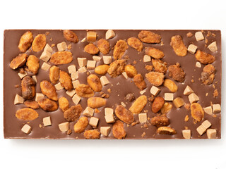 Milk salted peanut and caramel chocolate. Top view.