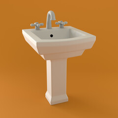 A Tall White Bathroom Sink in Orange Background, 3d Rendering