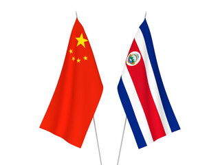 National fabric flags of China and Republic of Costa Rica isolated on white background. 3d rendering illustration.