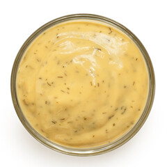 Honey and mustard sauce with dill in a glass bowl. Top view.