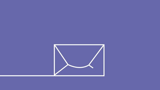 Self Drawing animation The white line draws an envelope that opens and a letter appears with a heart on a purple background