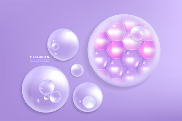 Hyaluronic acid skin solutions ad, purple collagen serum drops with cosmetic advertising background ready to use, illustration vector.
