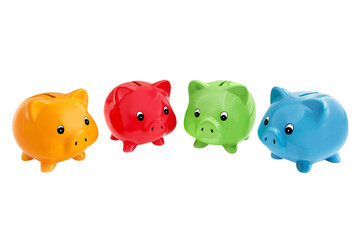4 bunte Sparschweine auf weissem Hintergrund