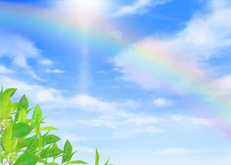 Obraz na płótnie Canvas 太陽の光差し込む空、雲のある虹のかかった植物のある青空の美しい初夏フレームシンプルな背景素材