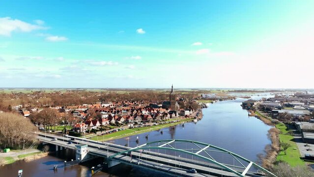 High water level in the river Zwarte Water at Hasselt in Overijssel, The Netherlands. The river is overflowing on the floodplains after heavy rainfal upstream in The Netherlands and Germany during sto
