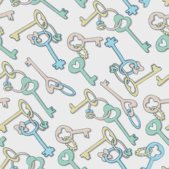 Seamless pattern with pastel colorful keys and key chains for wrapping paper design, craft, surface design and other design projects.