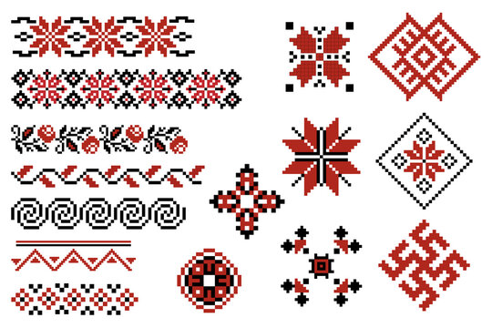 Set of editable Ukrainian traditional seamless ethnic patterns for embroidery stitch. Vintage floral and geometric ornaments.